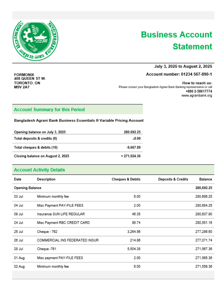 Modèle Word et PDF de relevé de compte ferme Agrani Bank